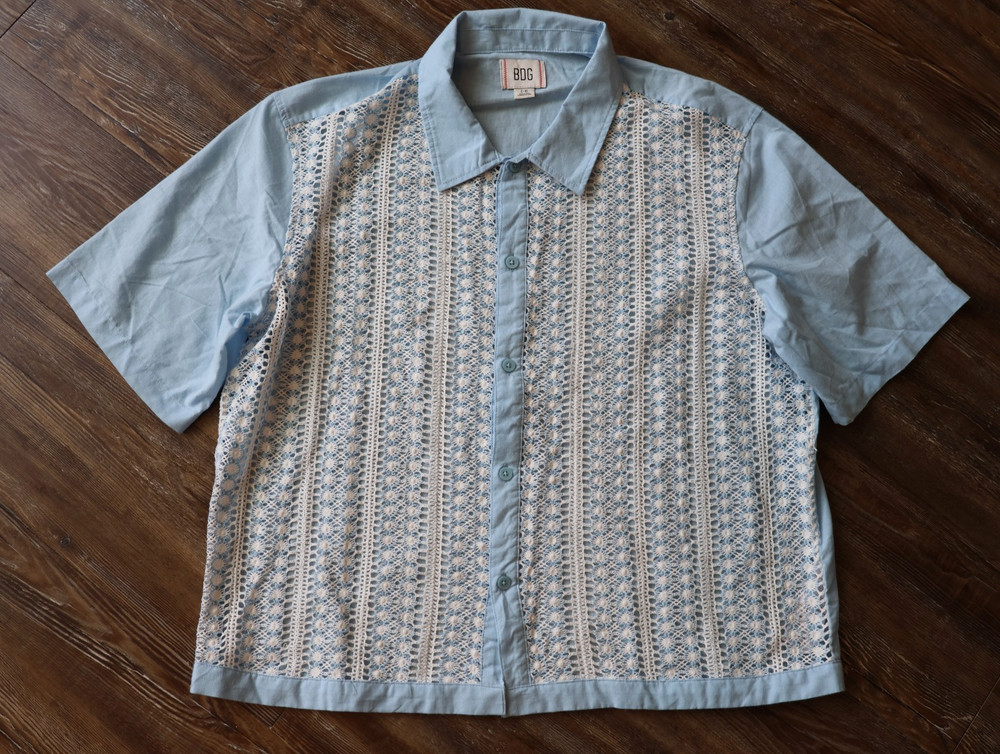 BDG Light Blue Crochet Lace Cabana Resort Button Up Shirt Mens Large