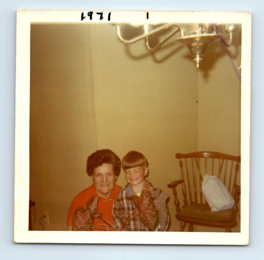 Old Vintage Square Color Photo WOMAN BOY IN LIVING ROOM 1971 SNAPSHOT PIC