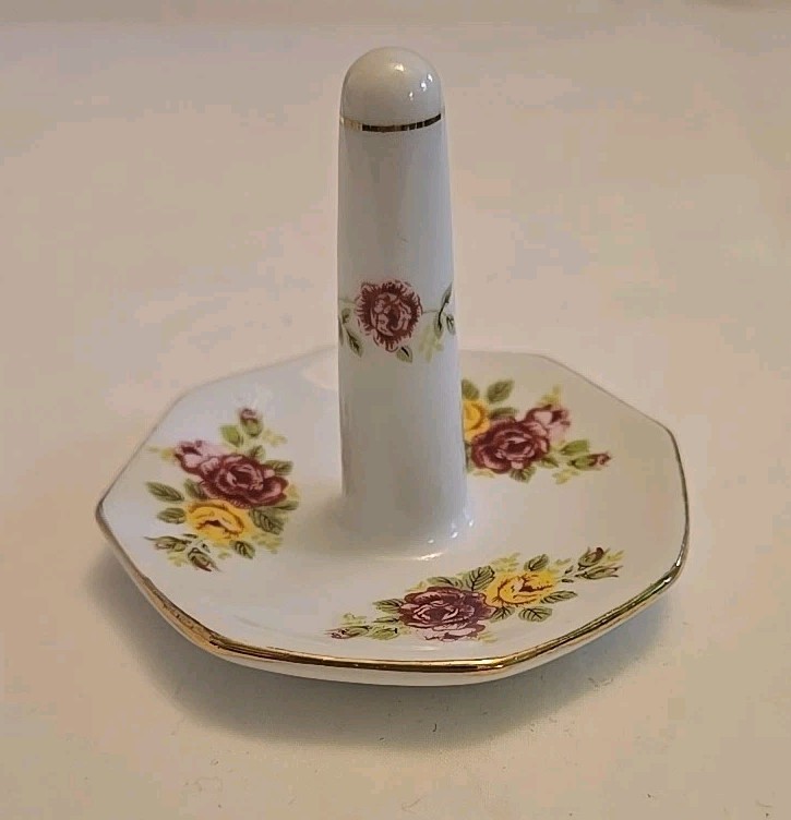 Vintage Porcelain Ring Holder Trinket Dish pink & yellow Floral  Gold