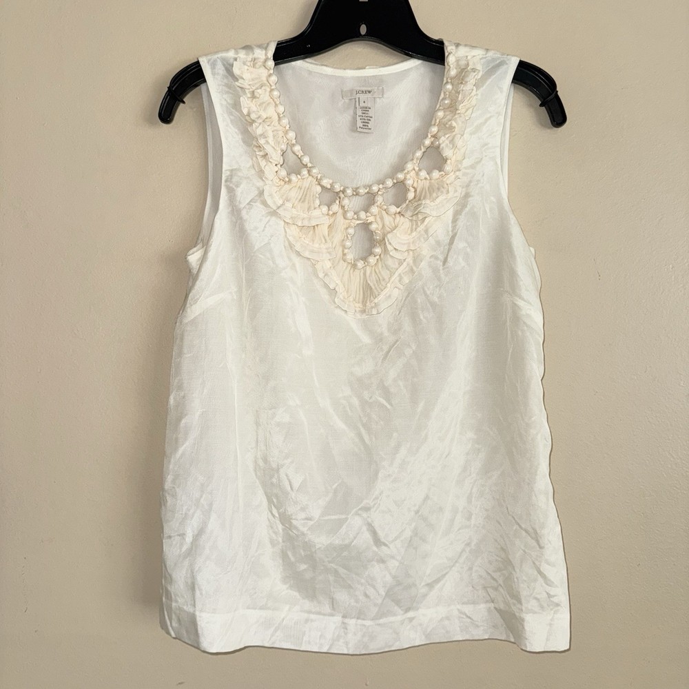 J.Crew Ivory Silk Blend Beaded Pearl Cutout Neckline Blouse Tank Size 4