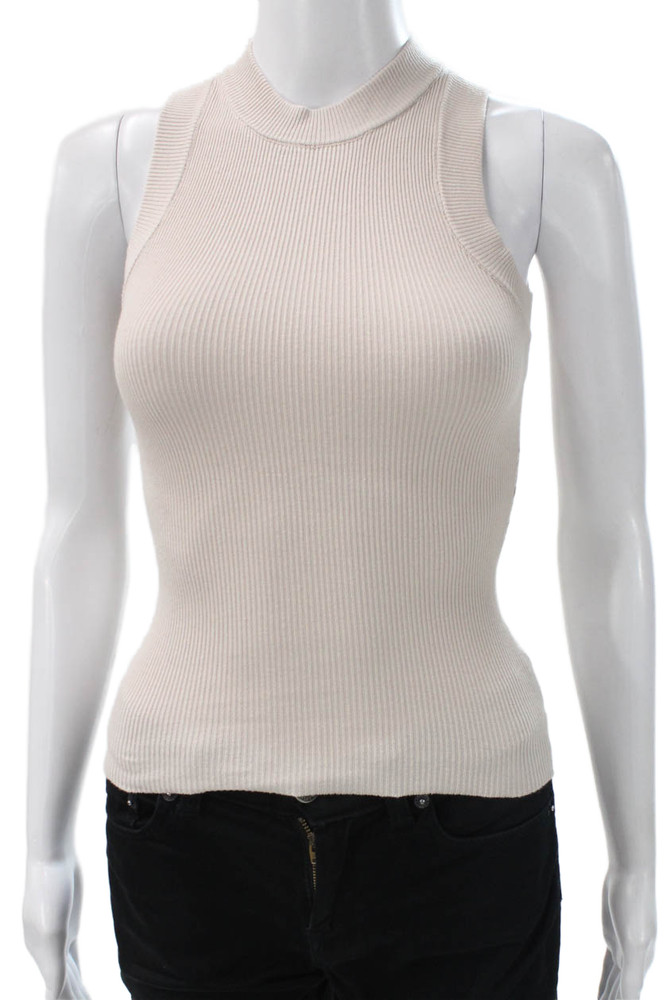 Dissh Womens Striped Cotton Mock Neck Sleeveless Tank Beige Size 2Free Shipping in US $100+ Orders | $6.95 Orders Below