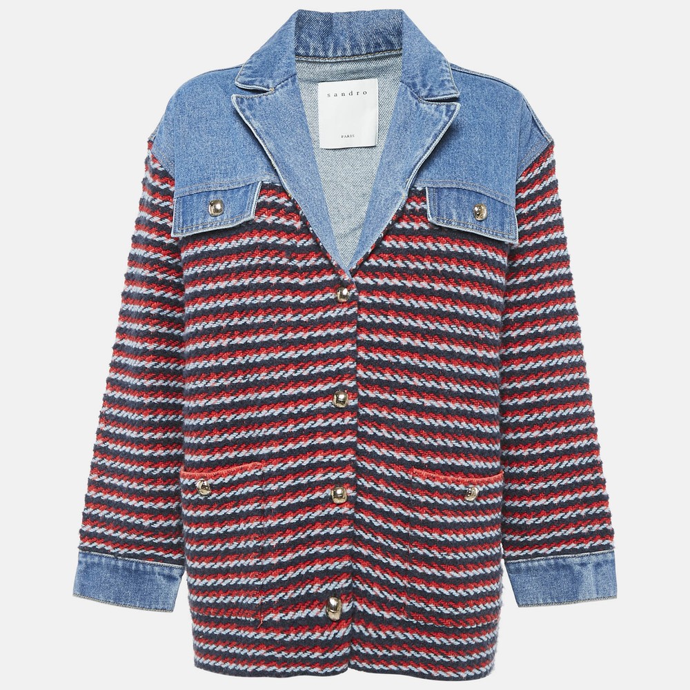 Sandro Blue/Multicolor Denim and Patterned Knit Button Front Jacket M