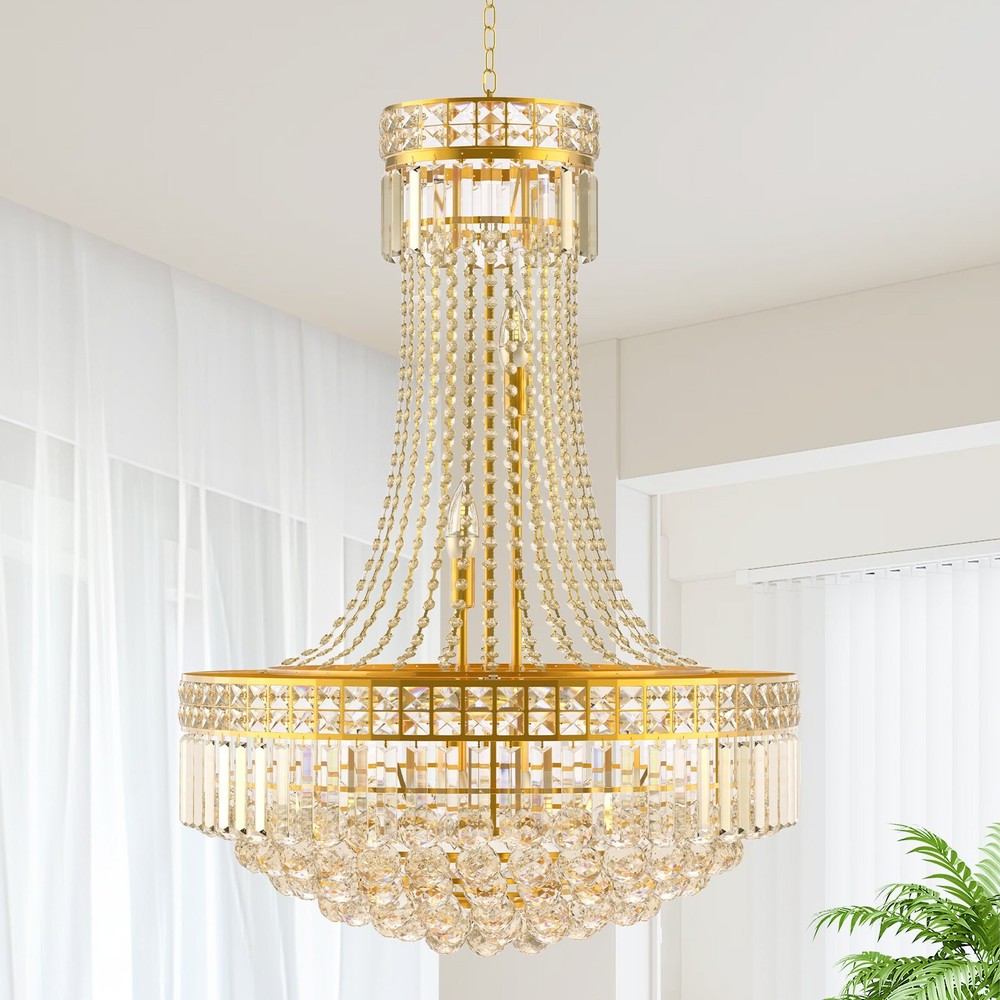 24'' Luxury Gold Chandelier K9 Crystal Raindrop Empire Pendant Light Fixtures