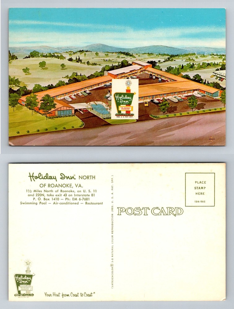 Roanoke, VA-Virginia, Holiday Inn North Aerial Motel Pool View Vintage Postcard