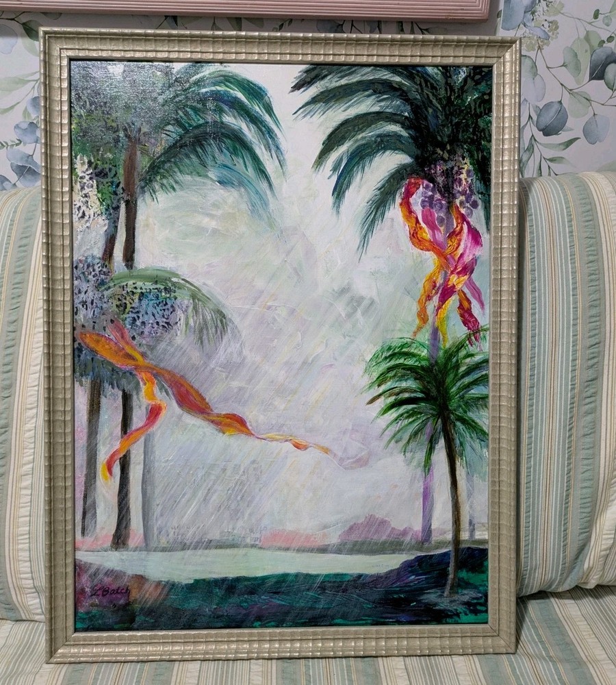 Framed Original 18 X 24 Abstract Tropical Palm Tree Painting On Canvas-image