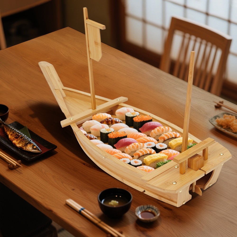 31.5 Inch Wooden Bamboo Sushi Boat Tray Platter for Nautical Decor and Food Display