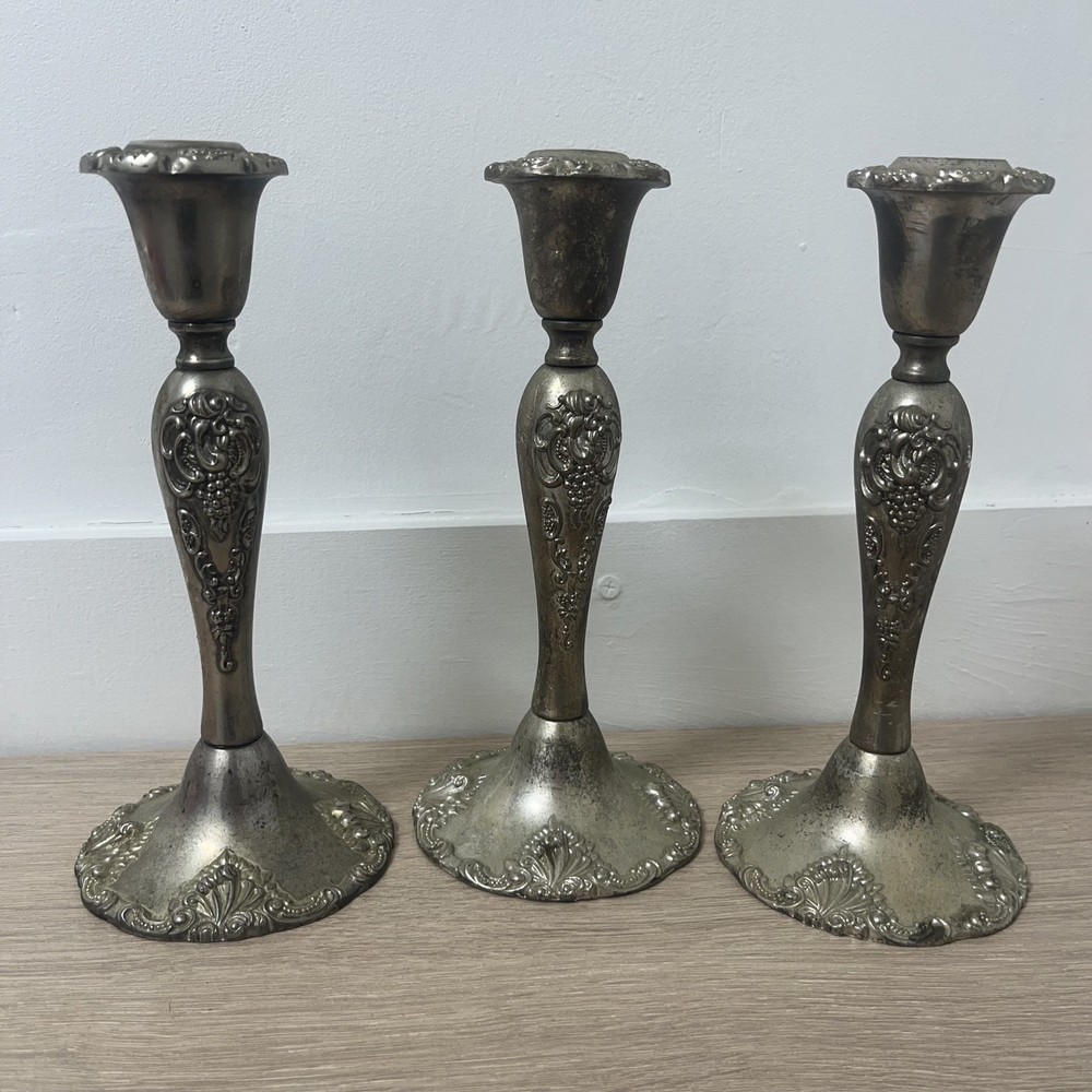 Vintage Godinger Silver Plated Baroque Candle Holders Set of 3 Ornate Rococo