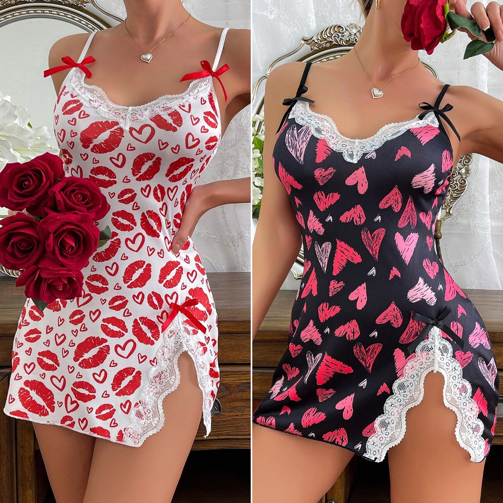 Sexy-Lingerie-Women-Lace-Babydoll-Silk-Chemise-Sheer-Negligee-Dress-Nightgown-US