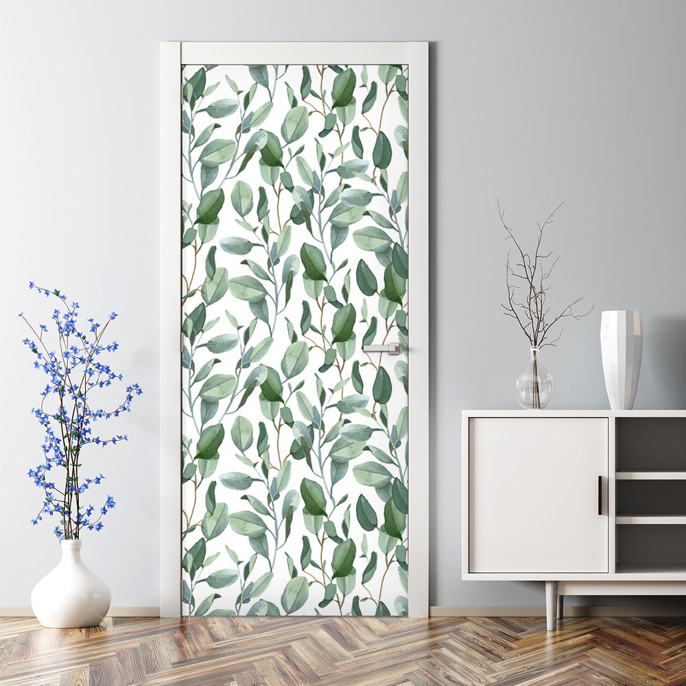 Green Eucalyptus Leaves Flowers Renters Leaf Botanical Self Adhesive Door Decal