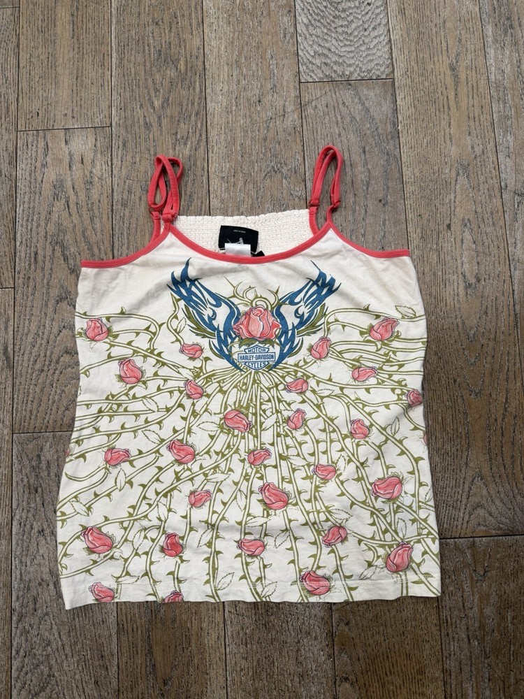 Harley Davidson Womens Tank Top Cami Rose Vine Wing Logo White Pink Y2K Vtg Sz L