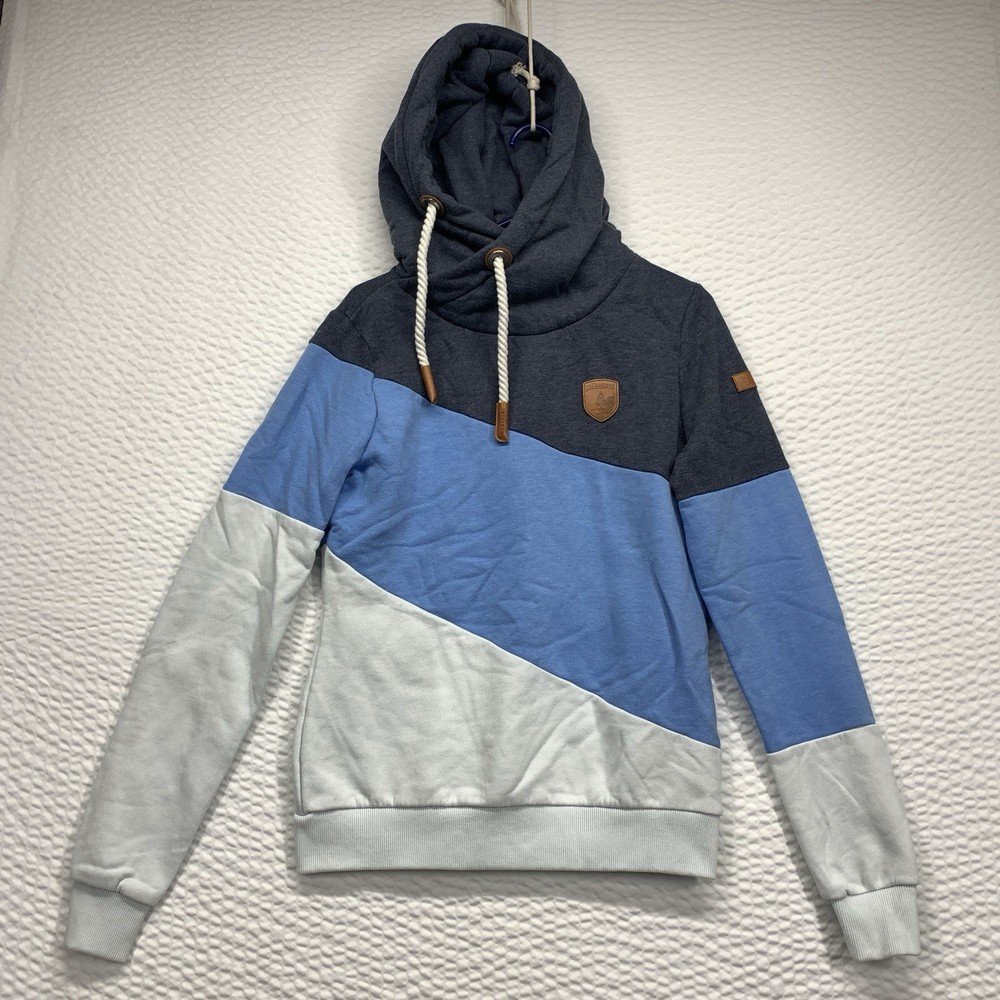 Wanakome Hoodie Sweatshirt Women's Medium Grey Blue White Colorblock Cowl Neck