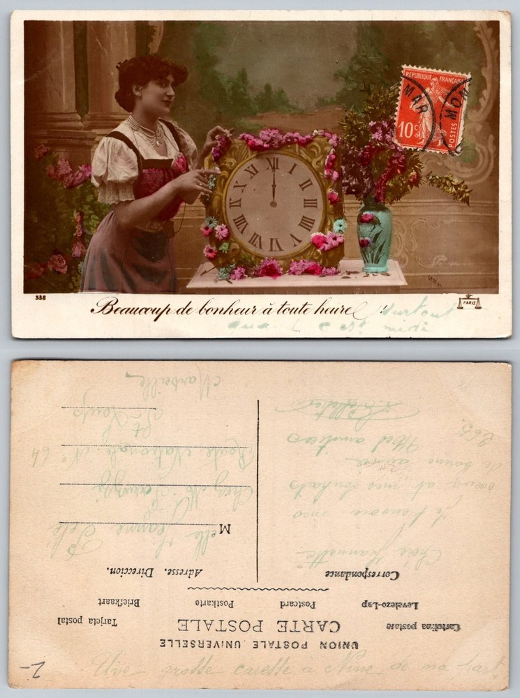 Vintage French Postcard: Midnight Clock, Woman, Flowers, Paris Postmark 1908