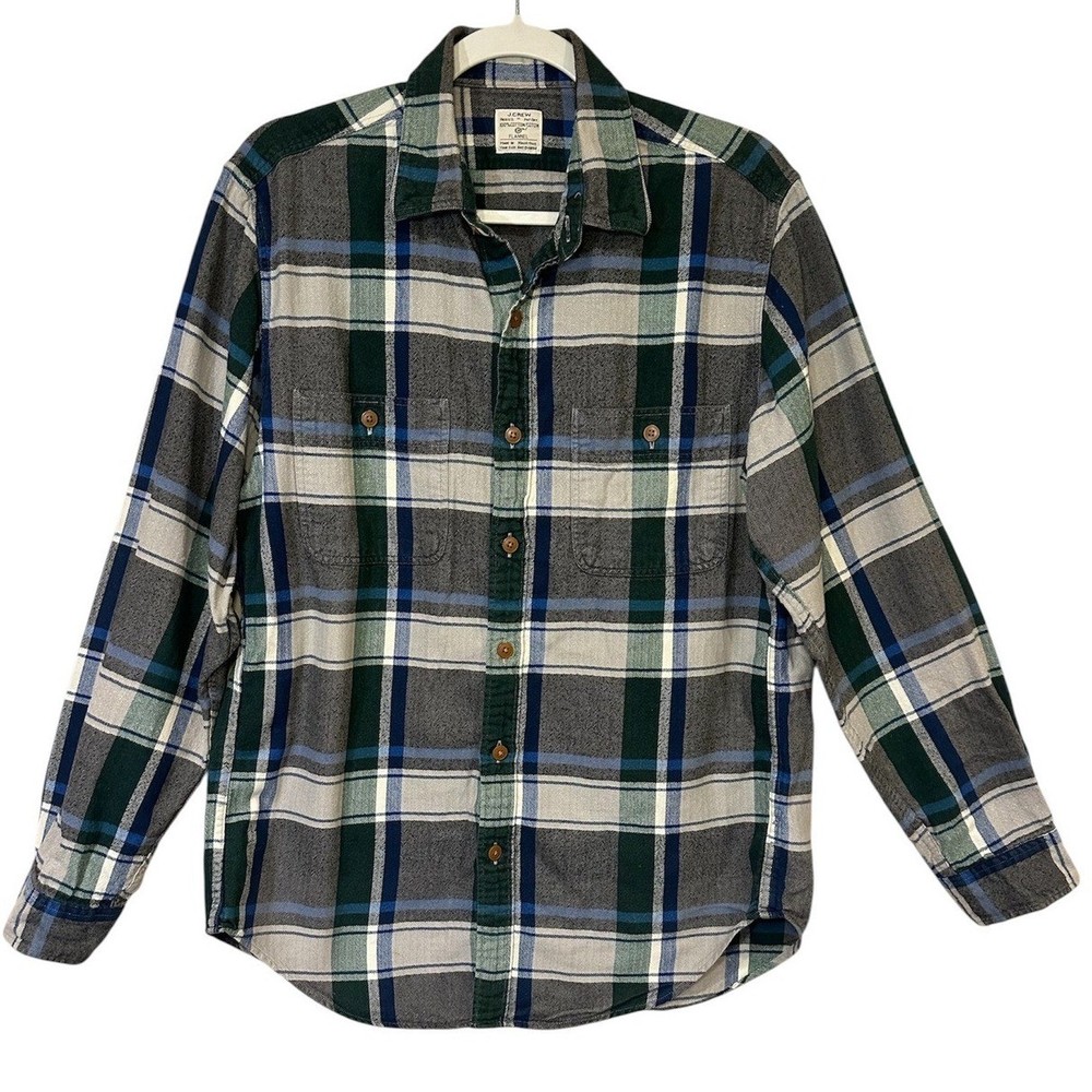 J.Crew Men's Medium Flannel Shirt Green Blue Gray Plaid 100% Cotton