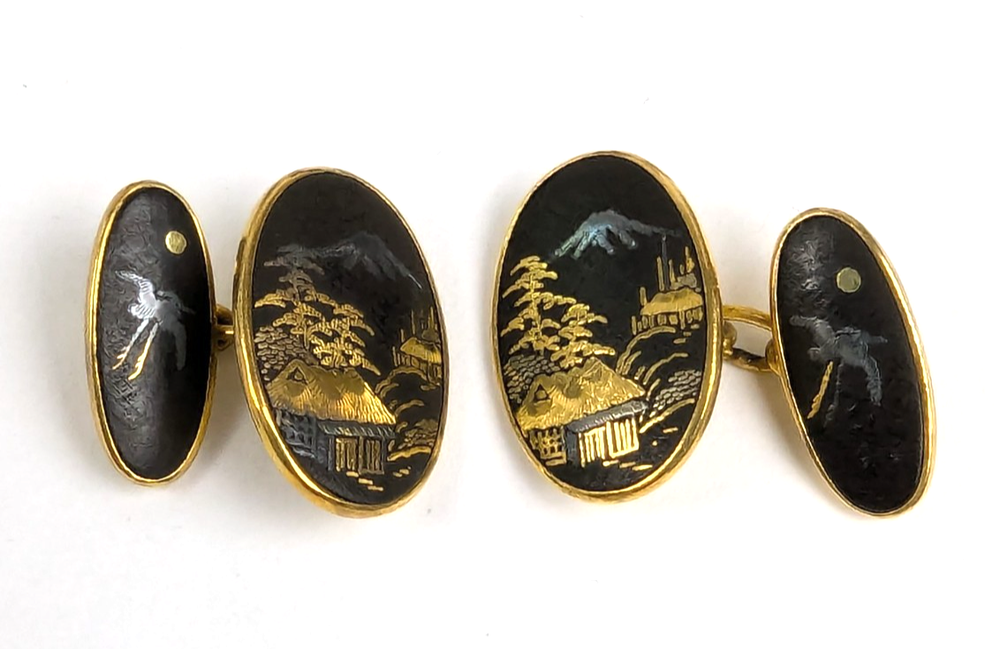 Antique Art Deco Japanese Damascene Gold Sterling Silver Inlay Cufflinks Signed