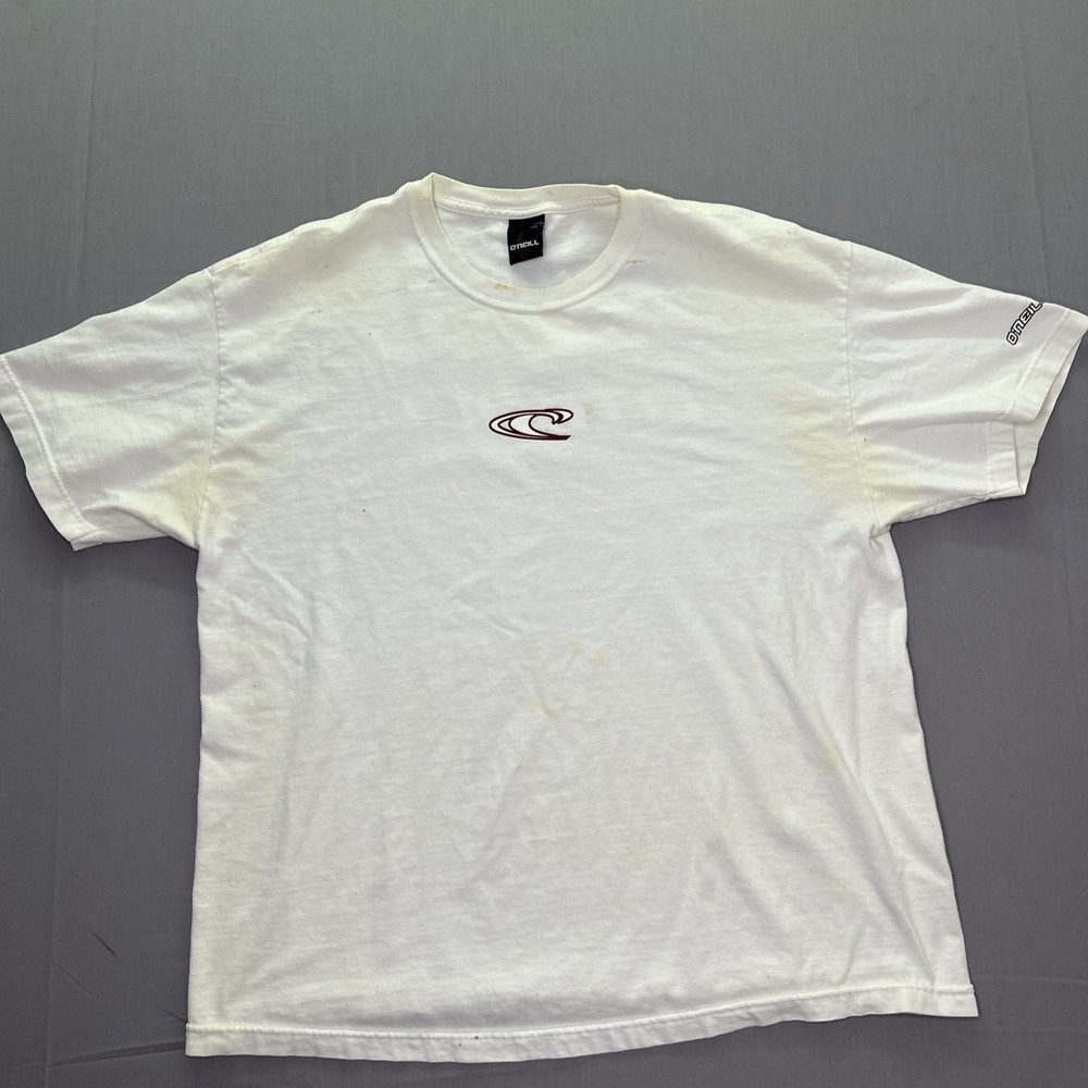 Y2K O’Neill Mens XL White Surf Skate T Shirt Small Logo Wave Graphic Thrashed