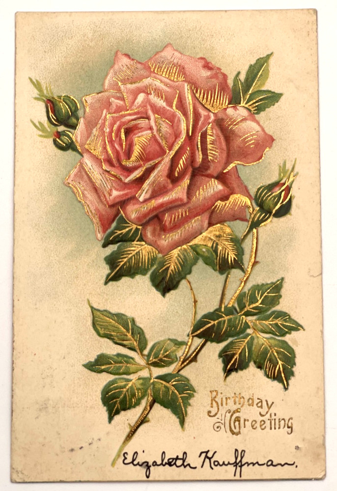 1907 Birthday Greeting Postcard Embossed Pink Rose Gold Trim PA Cancel