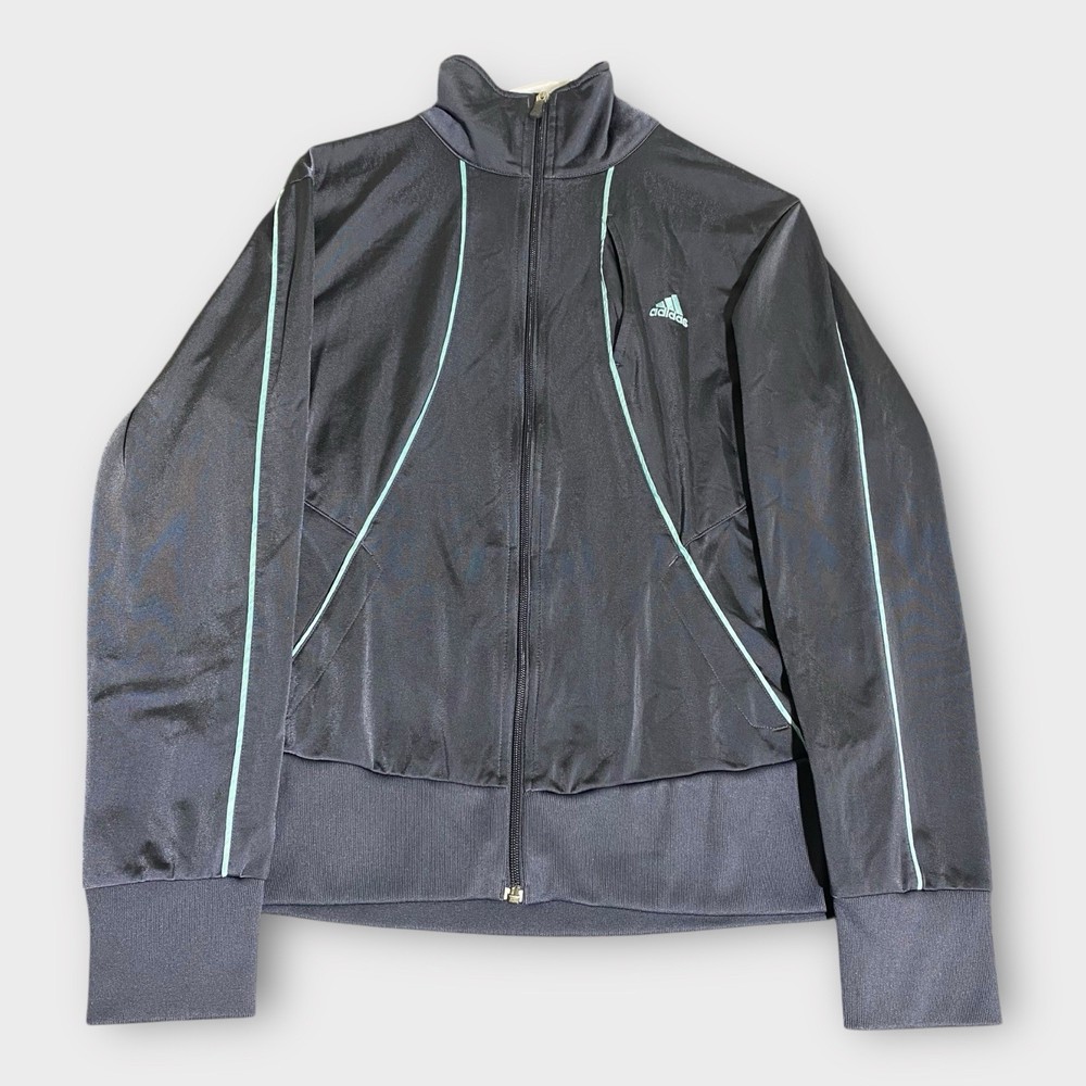 Adidas Track Jacket Women Large Gray Teal Pockets Athletic Gym Exercise Full Zip