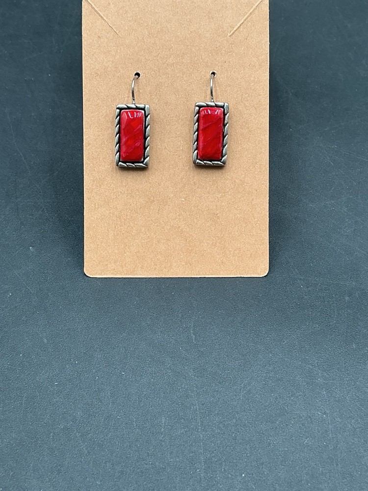 Vintage Red And Silver Tone Rectangle Earrings Handcrafted Southwestern Dangle