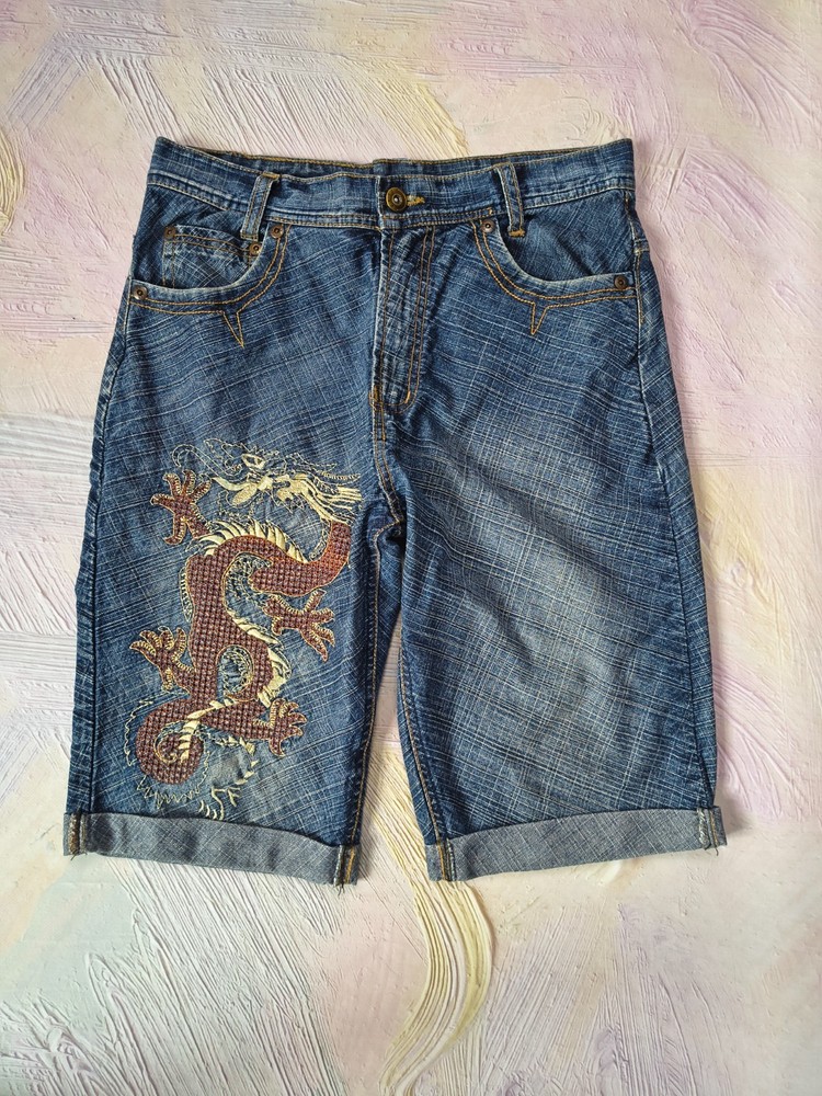 Vintage Y2K Baggy Shorts Dragon Embroidery Japanese Streetwear Evisu Style