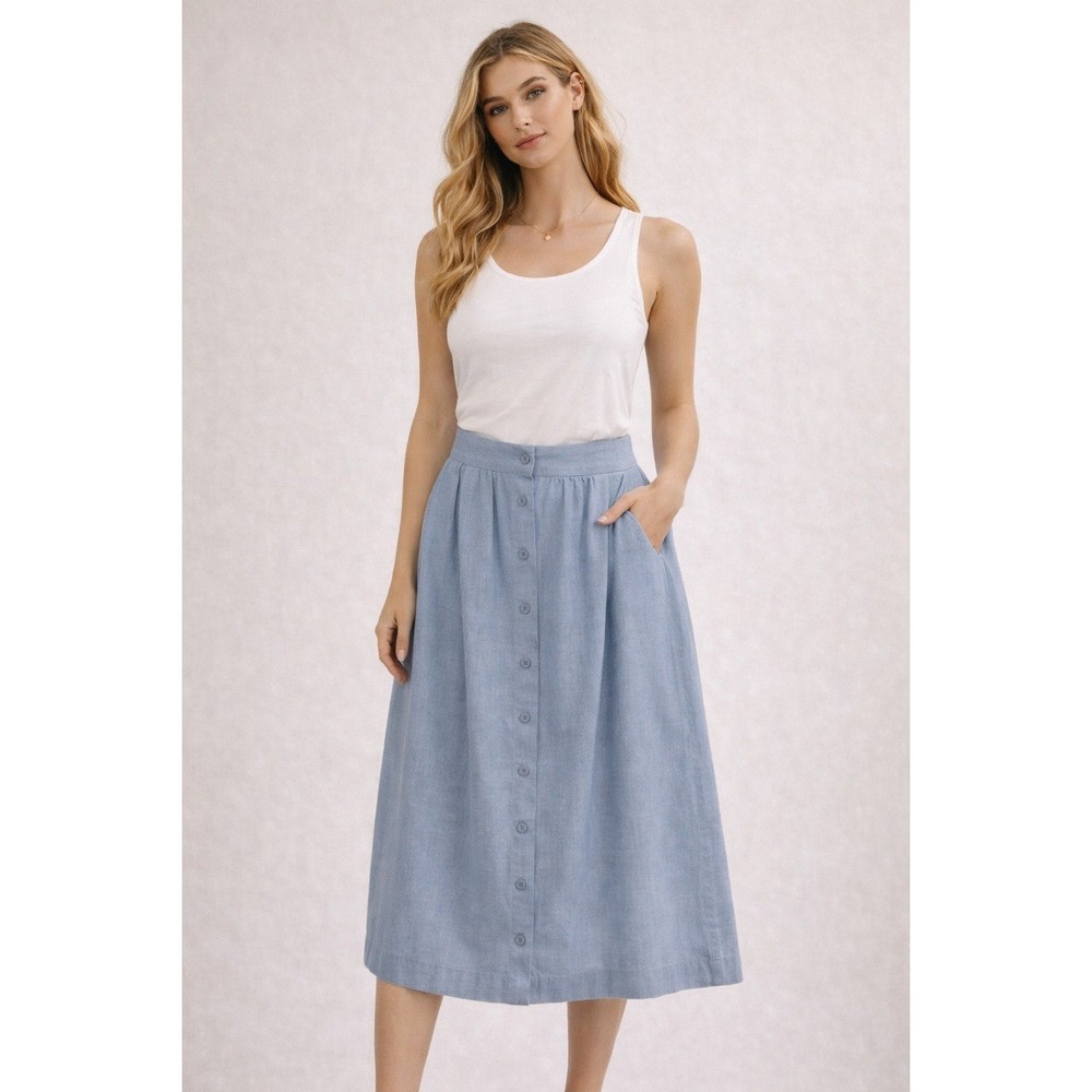 Vintage Northern Isles Chambray Button Front Midi Skirt Blue Cottagecore