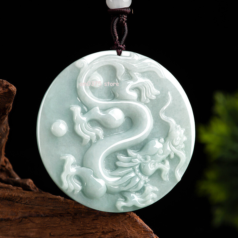 Natural Grade A Jadeite Light Green Round Dragon Pendant 2 Inch Lucky Charm