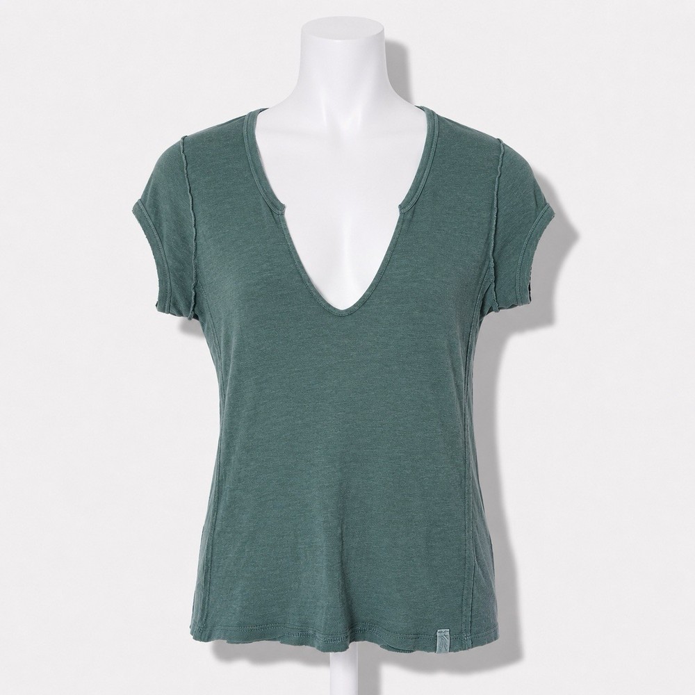 We The Free People Tee Women’s Green XS Short Sleeve Vneck Distressed Top