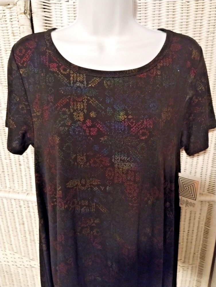 Lularoe Elegant Carly XS Iridescent Metallic Rainbow Textured Black Hi Lo Dress