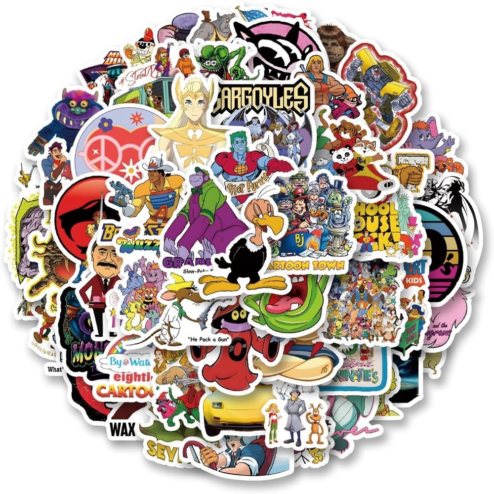 80s Cartoon Stickers Pack - 63 Vinyl Decals for Kids and Teens' Decor