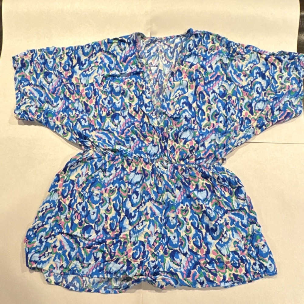 Women's Abstract Print Romper Blue Pink Green Short Sleeve V-Neck Elastic Waist