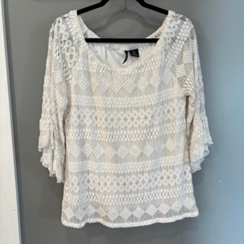 New Directions White Crochet Lace Bell Sleeve Blouse Petite Large LP Boho Lined