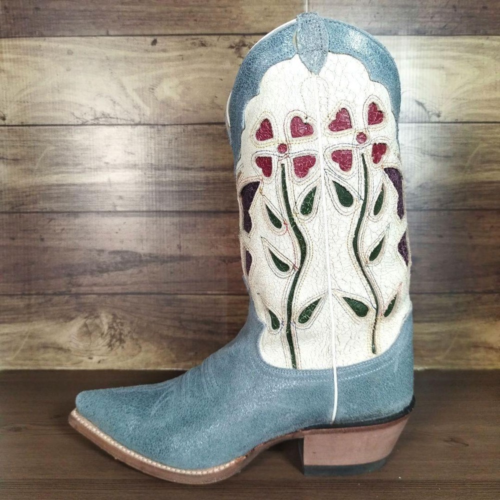 Vintage Justin Western Boots Butterfly Floral Made in Mexico US:6 1/2B Blue Y2K