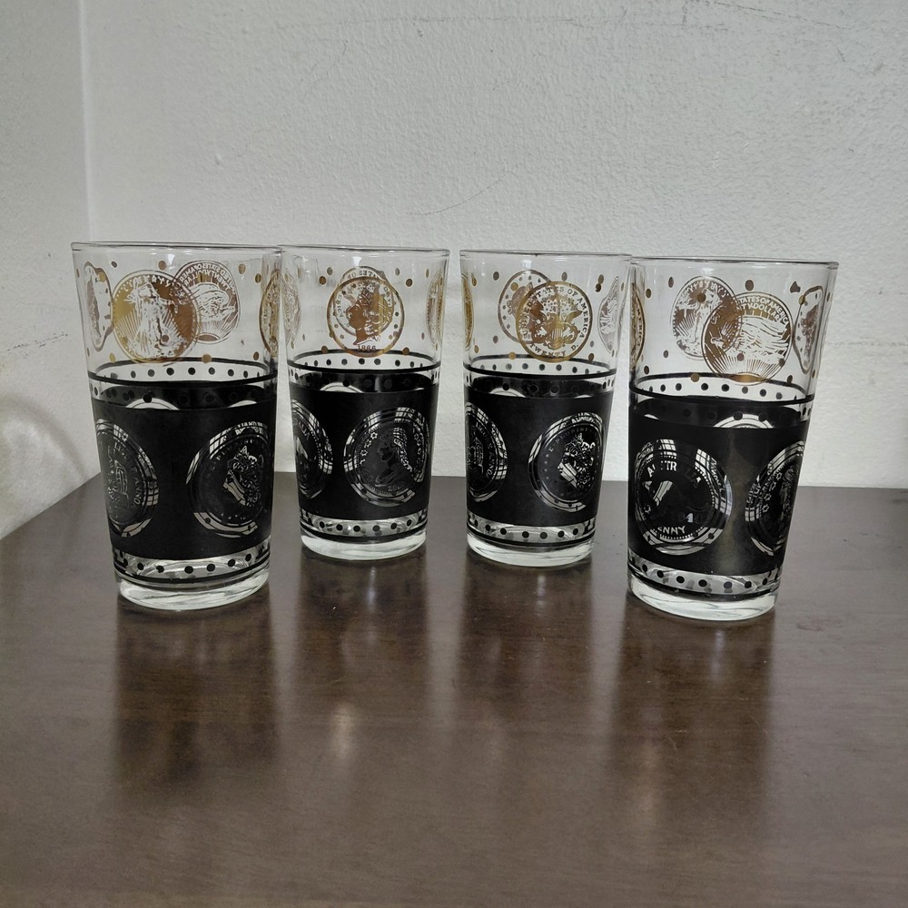 Vintage MCM Libby Black Gold Tone Coins 4 High Ball Glasses Bar Set