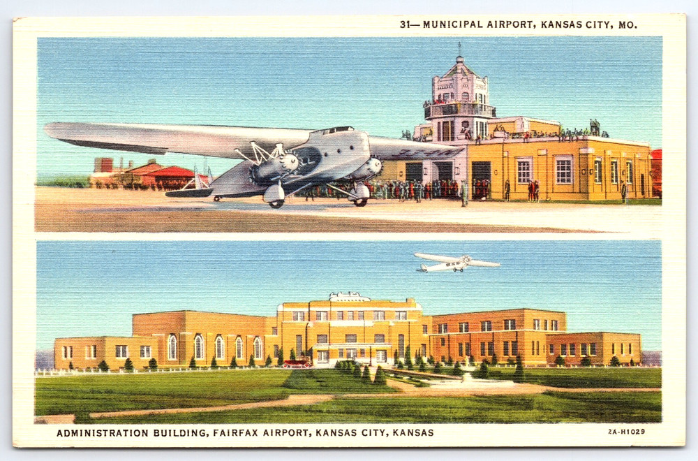 Kansas City Municipal And Fairfax Airport Buildings Plane Vintage Linen Postcard