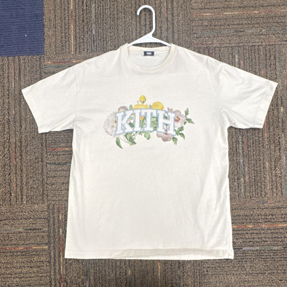 KITH Men's White Floral Graphic Logo Cotton T-Shirt Crew Neck Short Sleeve