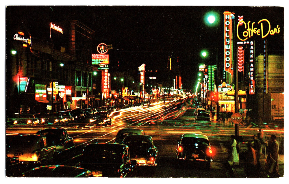 Hollywood California CA Street View At Night Cars Signs People Vintage Postcard