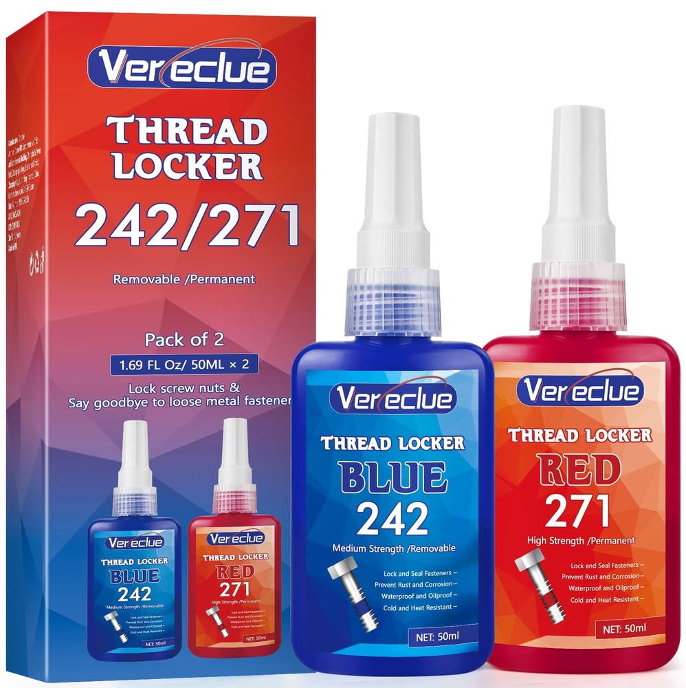 Thread Lock 50ml Blue 242 and 50ml Red 271, Medium and Strong Strength Lock T...