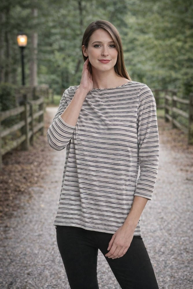 Jones New York Womens Striped Knit Blouse Black White 3/4 Sleeve Size L