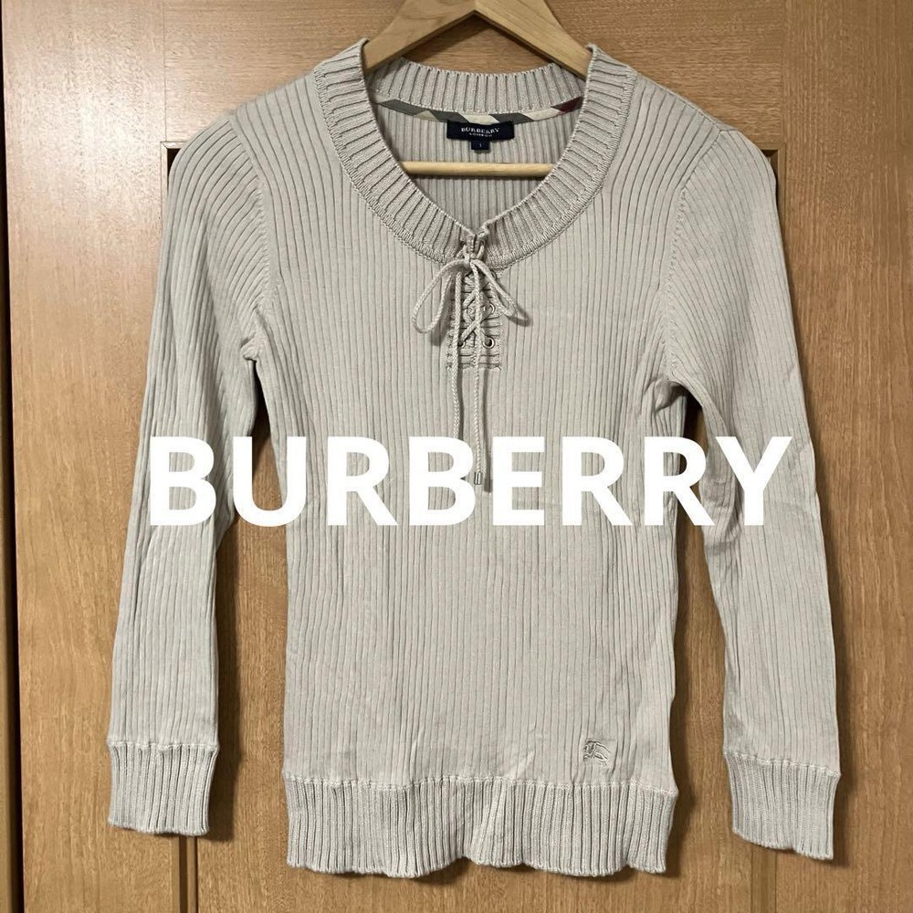 Burberry London Ribbed Knit Sweater, Khaki Beige, Lace-Up Design, New