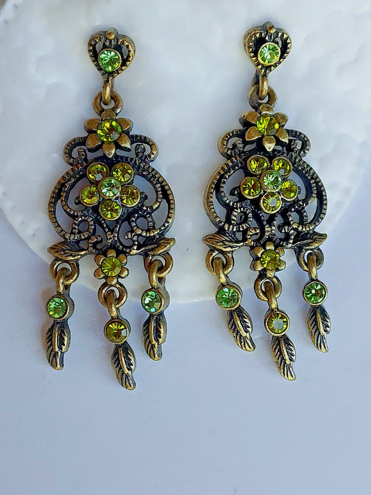 Vintage 1928 Dangle Earrings Green Open Work Pierced Chandelier