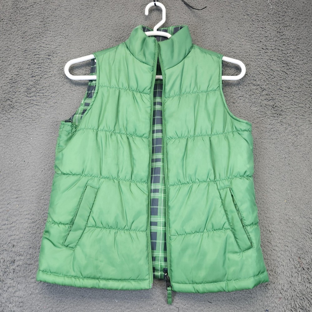 Merona Vest Mens Medium Green Reversible Plaid Puffer Quilted Zip Pockets