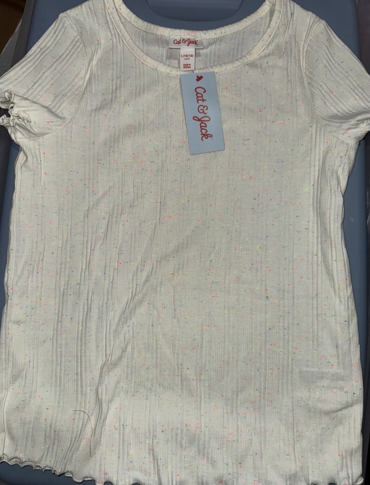 Cat & Jack s Girl's Size Lg 10/12 Speckled Short Sleeve Ribbed Henley Tee