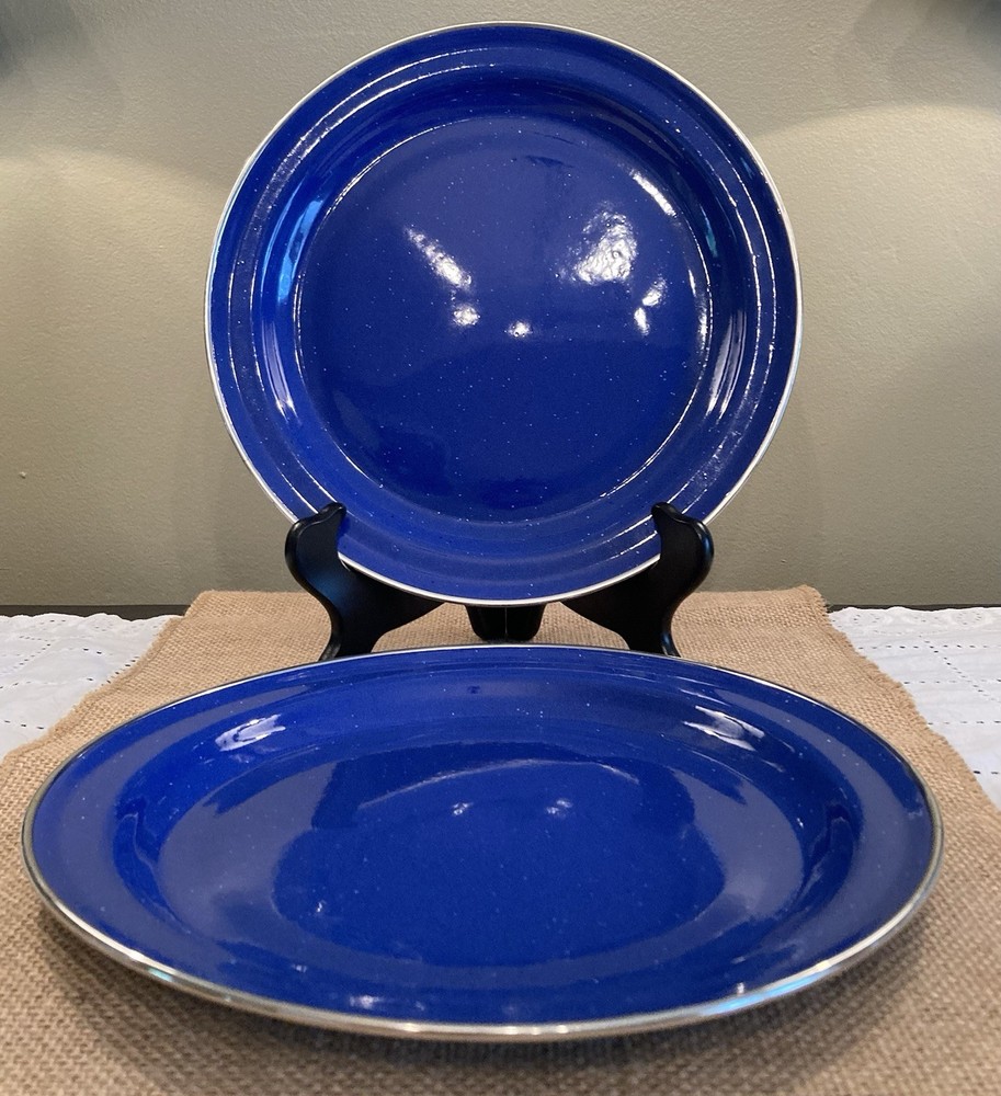 Cobalt Blue White Speckle Enameled Metal Camp Plates w/ Silver Rim 10