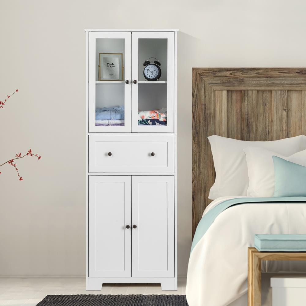 Tall Storage Cabinet Kitchen Pantry Cupboard with 2 Glass Doors & Shelves White