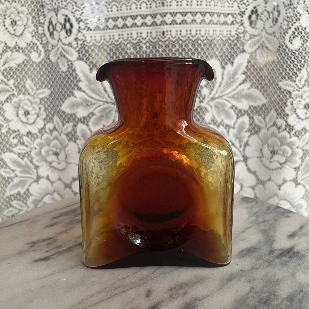 BLENKO Double Spout Water Bottle Orange Glass Vase 8.25” Carafe