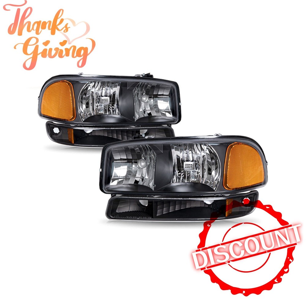 Headlights+Bumper Lamps For 1999-2007 GMC Sierra Yukon 4Pcs Black Housing Amber
