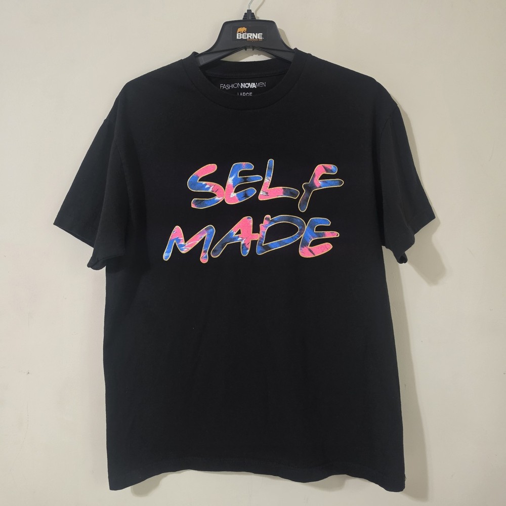 Fashion Nova Men's Large Graphic Tee Self Made Cotton Black T-shirt Short Sleeve