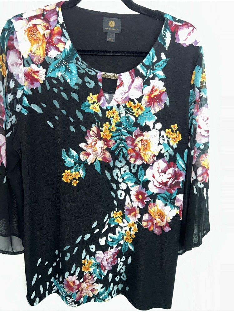 JM Collection Women's L Black Floral Wide Sheer Sleeves Gold Accents Long Blouse