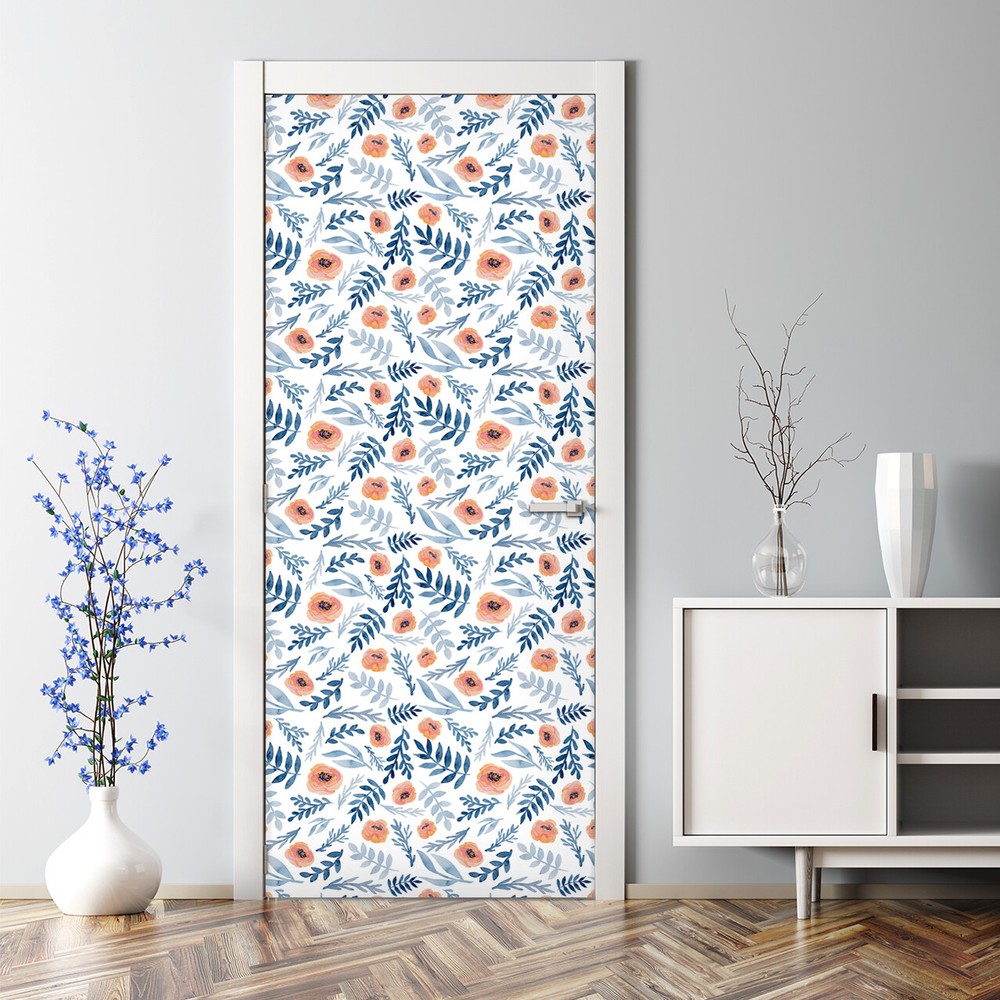 Blue Red Flowers Bubble Free hand painted Watercolour Door Decal black and white