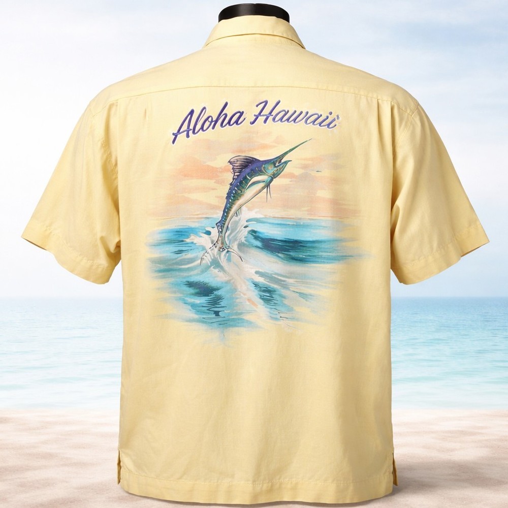 Tommy Bahama Men’s Silk Camp Shirt XL Yellow Button Front Marlin Aloha Hawaii