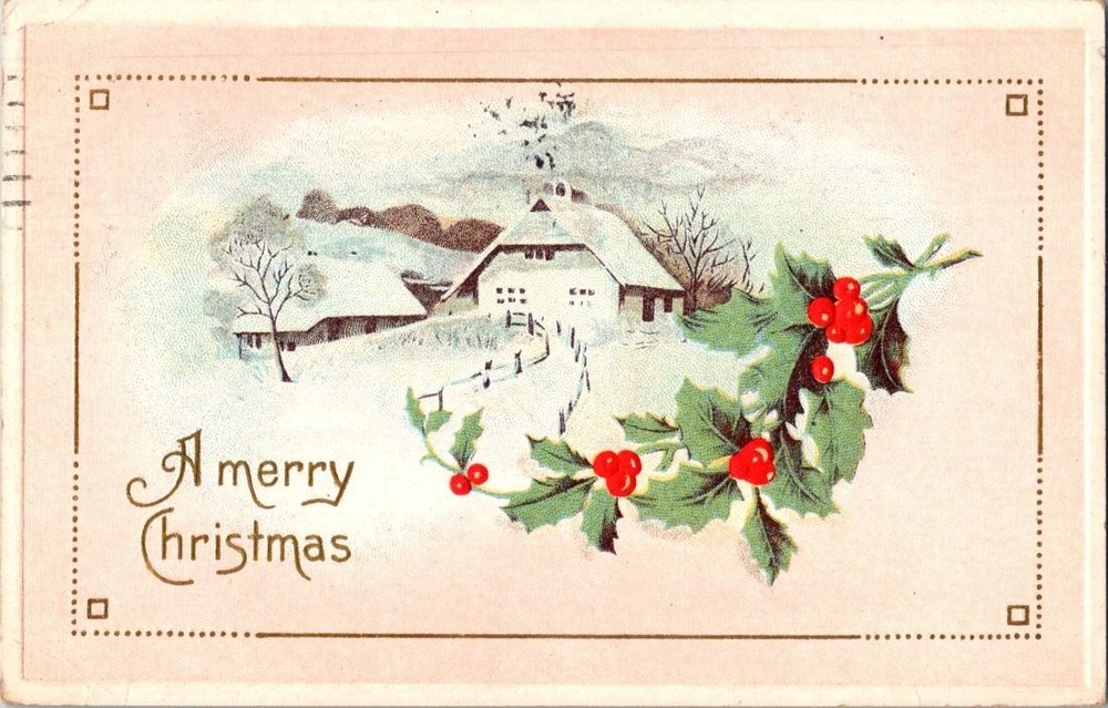 1914 Christmas Postcard Snowy Farmhouse Holly Buffalo NY Postmark Vintage